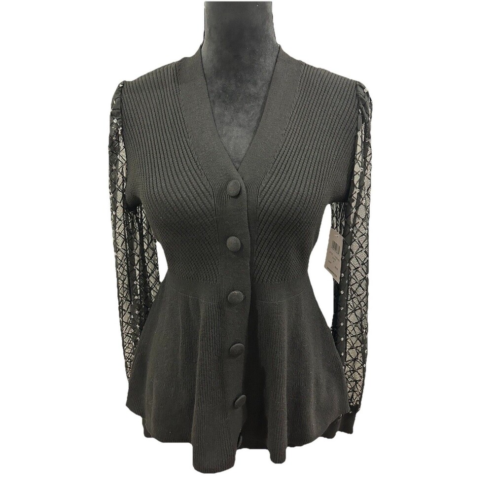 89th and madison womens Size Medium Black Sweater V Neck Sheer Sleeves NWT